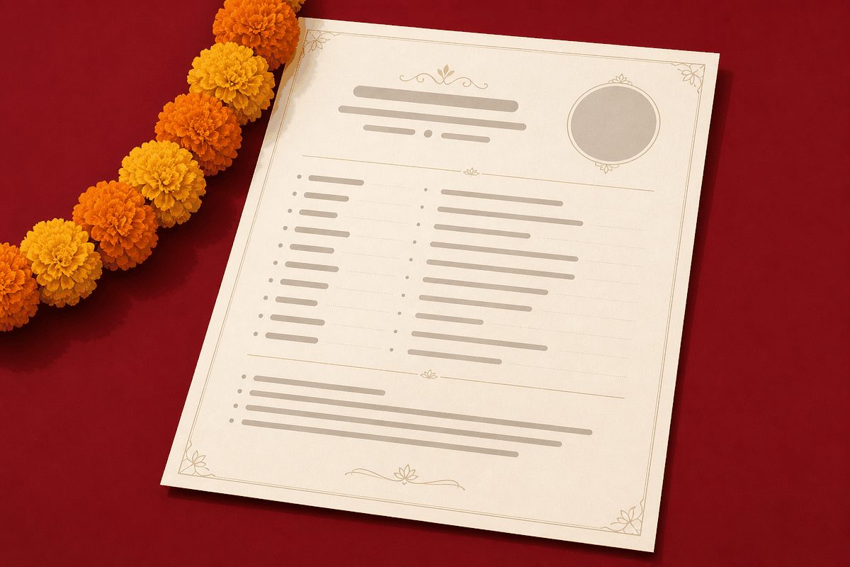 Marriage biodata document with photo and family details